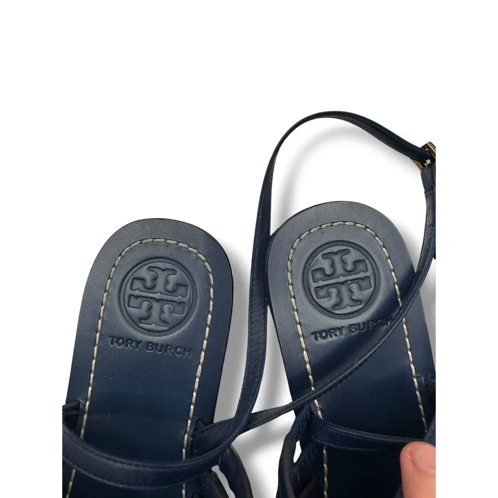 Tory Burch Marguerite Sandals 8 Navy Leather Floral Summer Casual‎ Boho